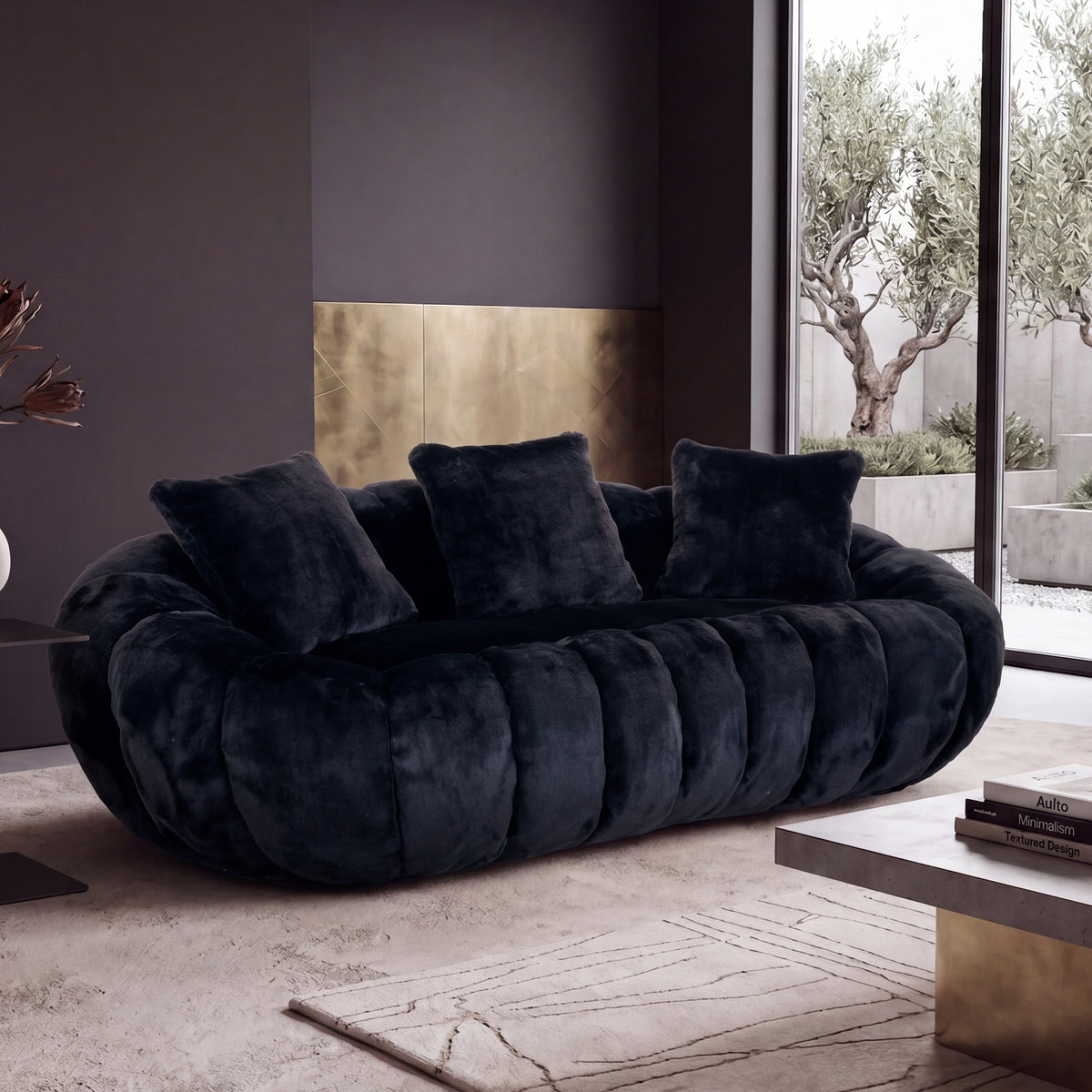 75.5'' Oversized Velvet Upholstered Sofa Bed, Comfy Sleeper Chair Sofa Couch, Floral-shaped Boneless Couch, Chaise Lounge Chair Indoor, Loveseat Cloud Couches for Living Room, Black