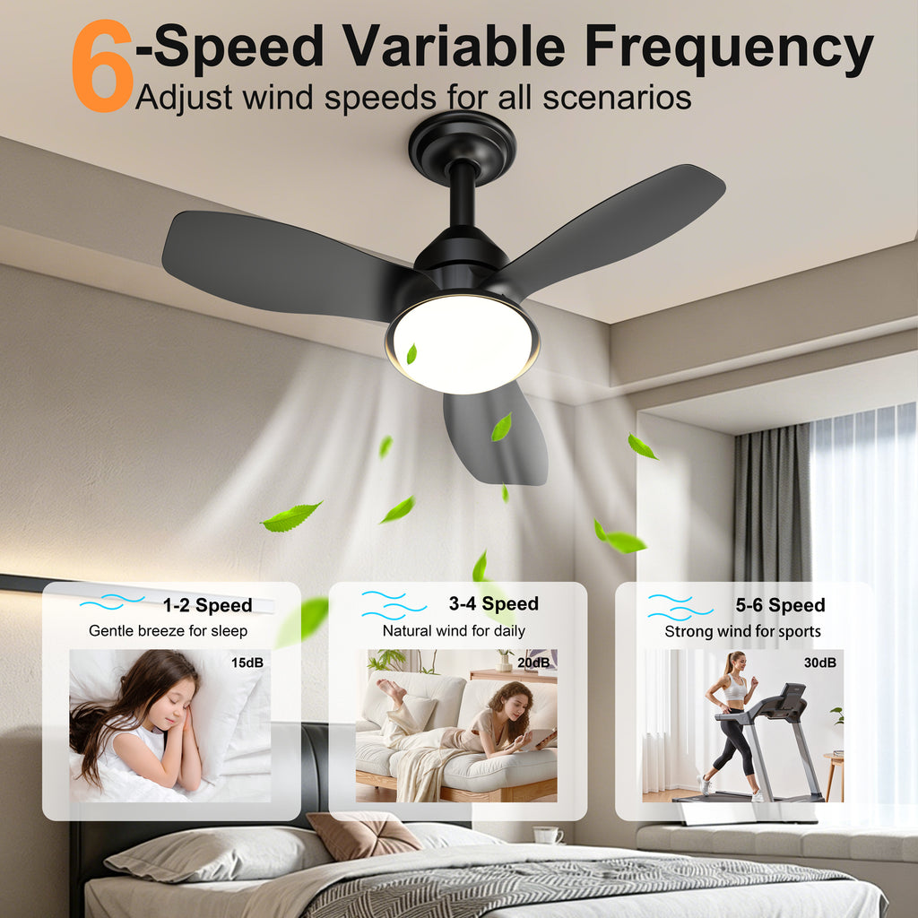 24.4" Low Profile Ceiling Fan with Light, Dimmable LED, 6-Speed & Quiet DC Motor, Remote Control, 3 Blades for Indoor/Outdoor, Black