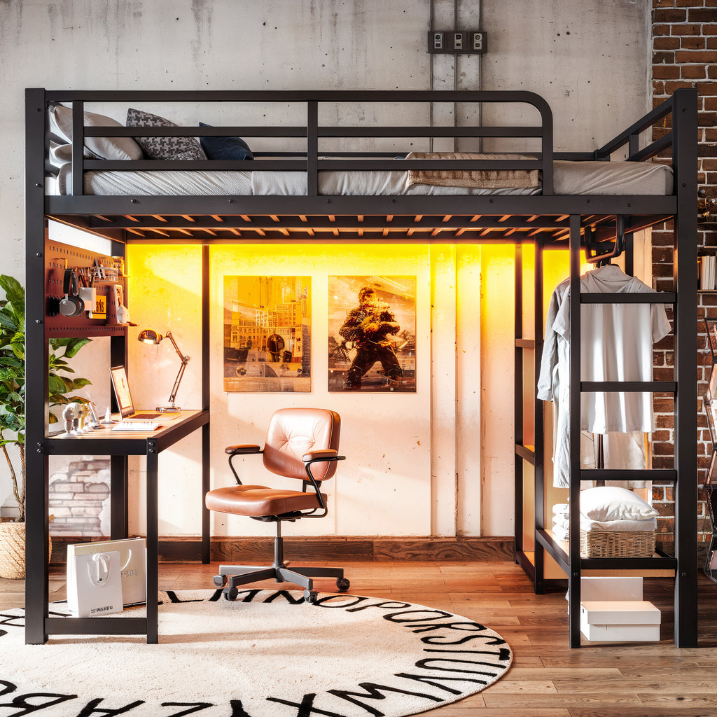 NYBOPAVIS Full Size Loft Bed with Desk&Charging Station, LED Lights&Clothing Rack, Full Metal Loft Bed with Storage Shelves&Cave Board Design, Black