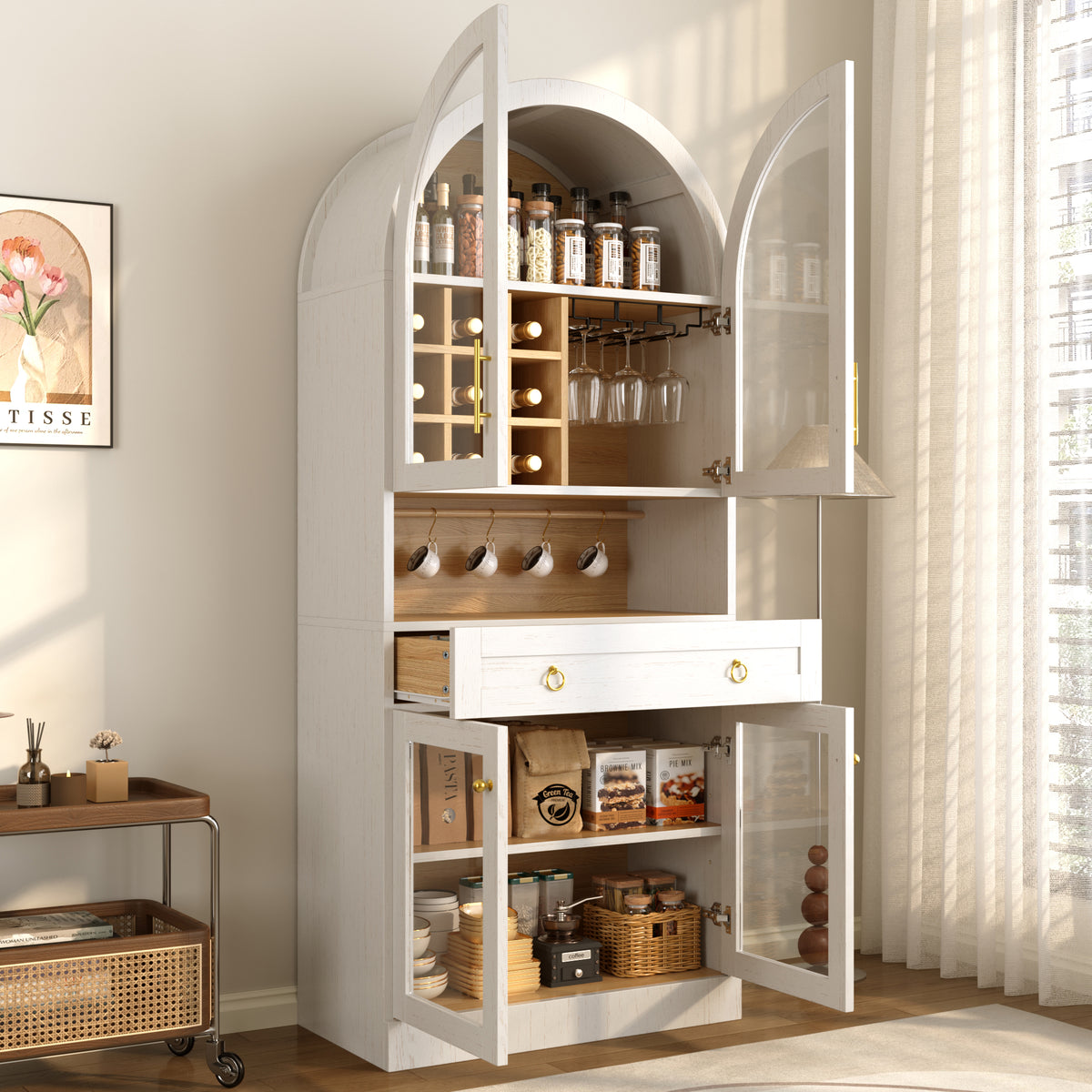 NYBOPAVIS Tall Display Cabinet, 71" Arched Bar Cabinet with Doors & Shelves , Glass Door Liquor Cabinet Mini Home Bar with Wine Rack & Drawers, White