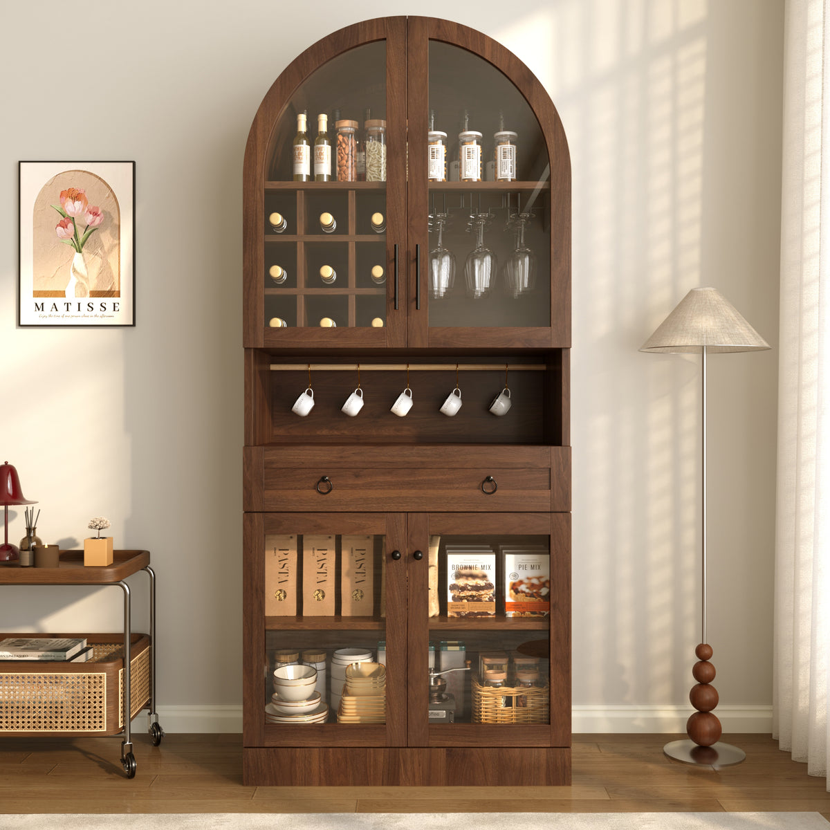NYBOPAVIS Tall Display Cabinet, 71" Arched Bar Cabinet with Doors & Shelves , Glass Door Liquor Cabinet Mini Home Bar with Wine Rack & Drawers, Walnut