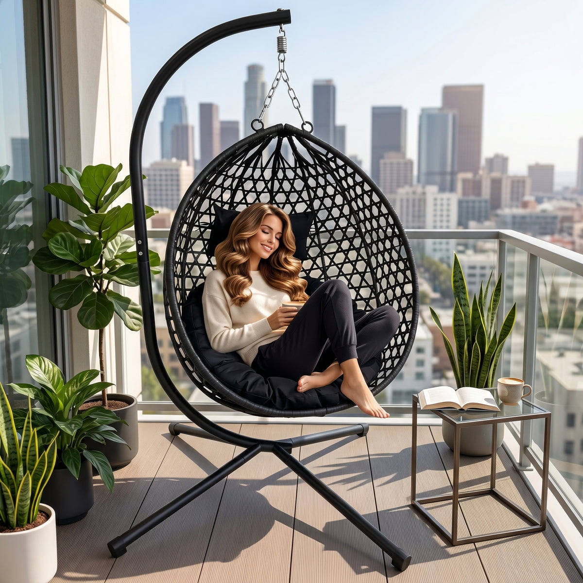 Foldable Indoor/Outdoor Wicker Swing Egg Chair, Hammock Hanging Chair Nest Basket with Stand, UV Resistant Cushions, 350LB Capacity for Bedroom, Balcony, Garden & Poolside, Grey