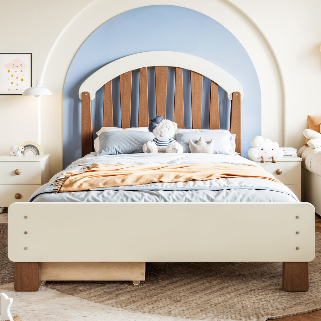 NYBOPAVIS Twin Size Bed Frame, Wood Platform Bed with Storage Drawers, No Box Spring Required, Beige & Brown