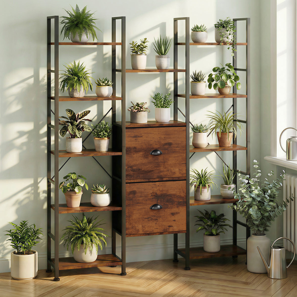 67.5" Plant Stand Indoor, 14 Shelves Large Metal Plant Rack with Drawers, Flower Holder for Living Room, Balcony