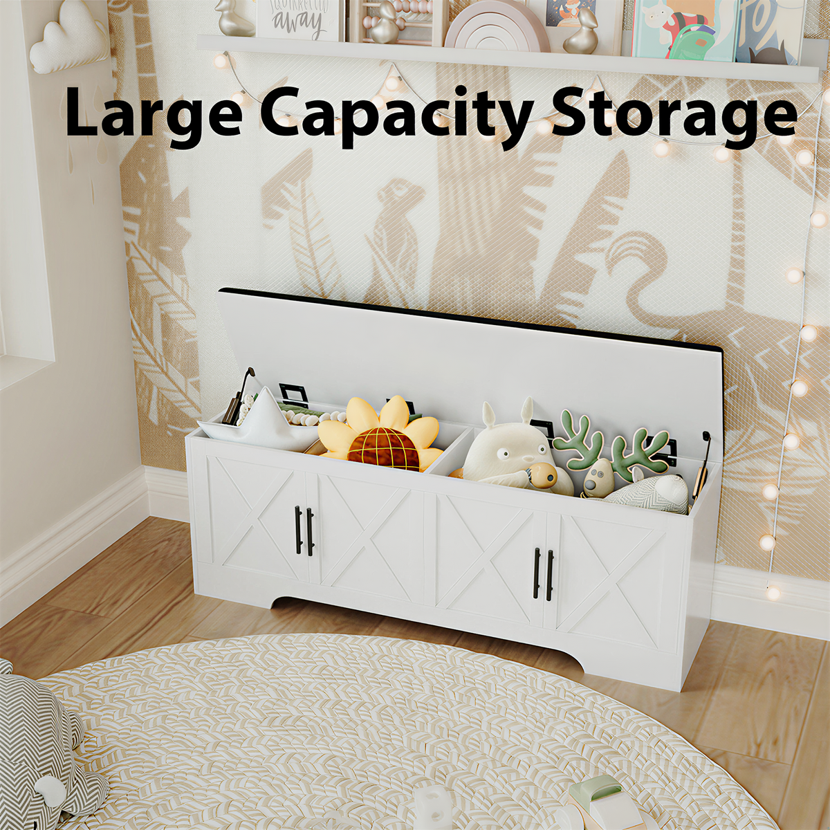 NYBOPAVIS 47" Upholstered Storage Bench with Storage & Cushion, Wooden Storage Bench with Safety Hinges for Entryway, Bedroom, White