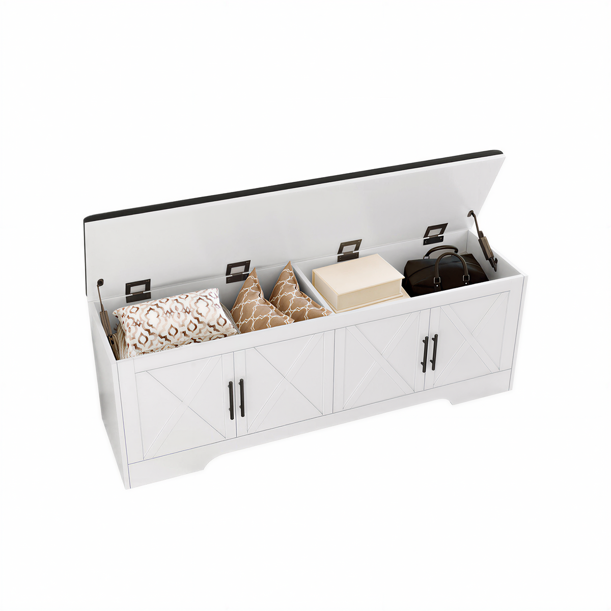 NYBOPAVIS 47" Upholstered Storage Bench with Storage & Cushion, Wooden Storage Bench with Safety Hinges for Entryway, Bedroom, White