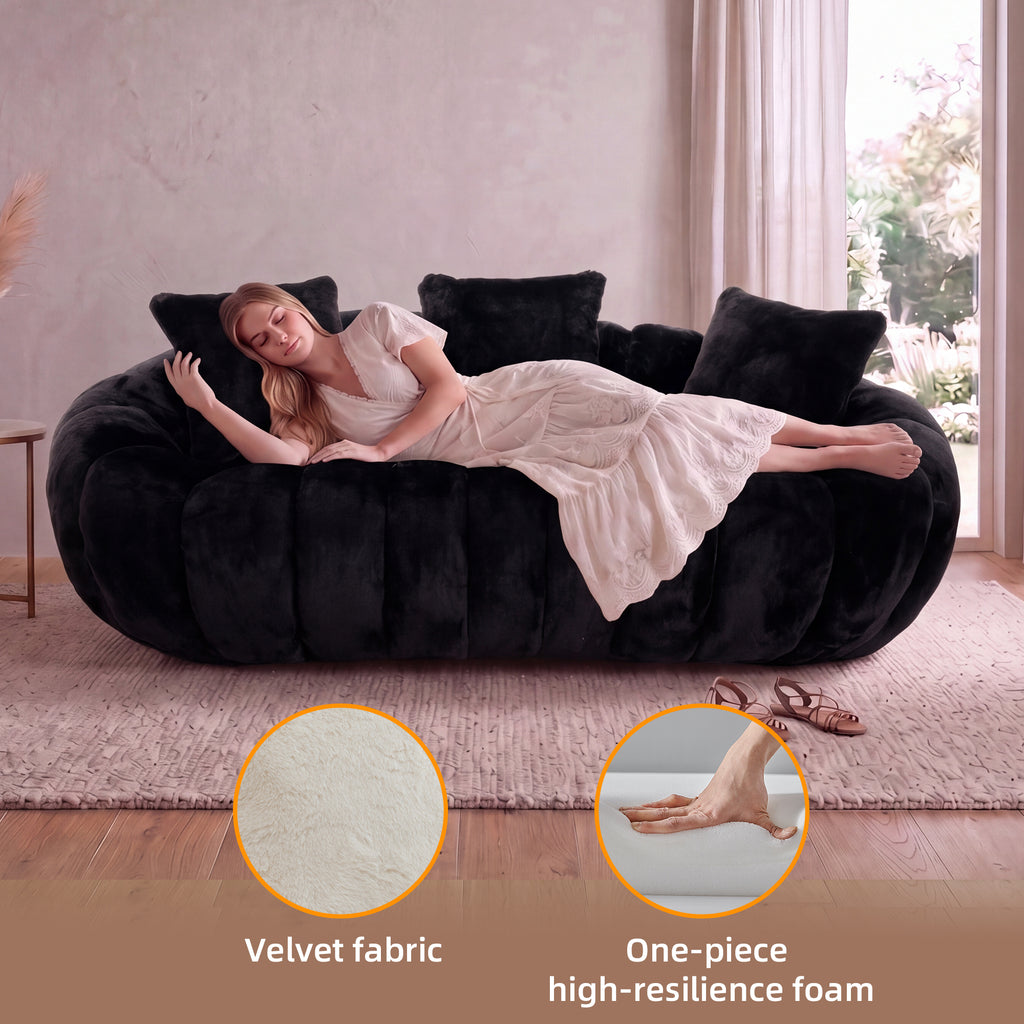 75.5'' Oversized Velvet Upholstered Sofa Bed, Comfy Sleeper Chair Sofa Couch, Floral-shaped Boneless Couch, Chaise Lounge Chair Indoor, Loveseat Cloud Couches for Living Room, Black