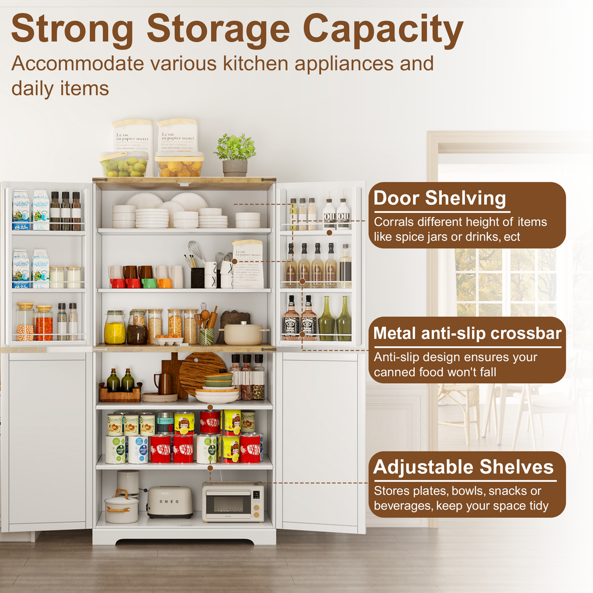 72.8'' Tall Kitchen Pantry Cabinet with 4 Barn Doors,Wood Storage Cabinet with Adjustable Shelves for Dining Room Living Room, White