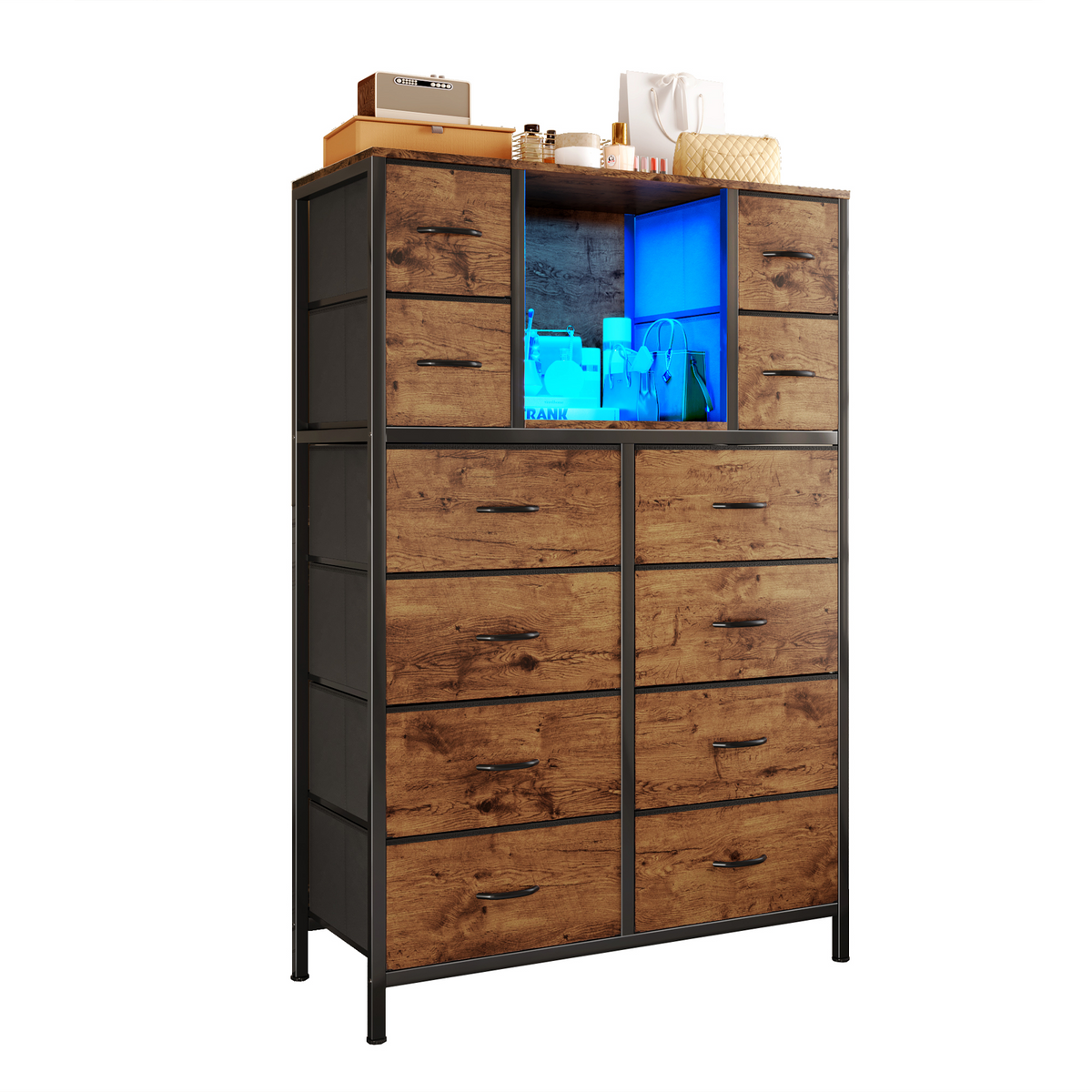 12 Drawer Dresser for Bedroom, Dresser For Closet with LED Lights | Fabric Drawer for Hallway Entryway Living Room, Modern Chest, Vertical Space Saving, Open Shelf, Anti-Tip, 10-Min Assembly