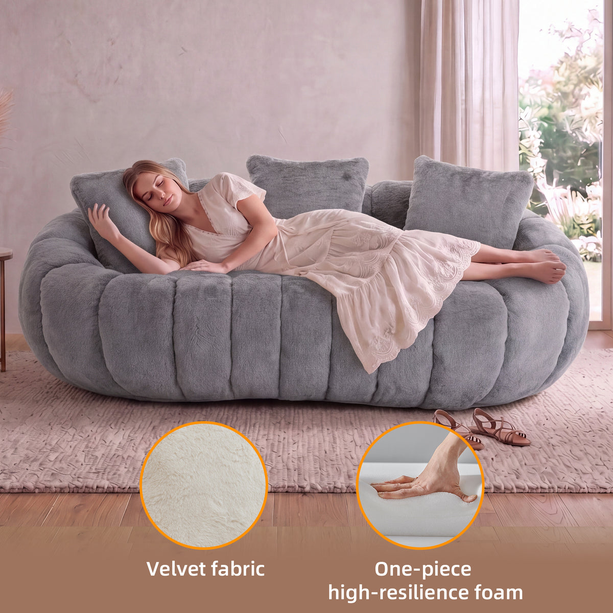 75.5'' Oversized Velvet Upholstered Sofa Bed, Comfy Sleeper Chair Sofa Couch, Floral-shaped Boneless Couch, Chaise Lounge Chair Indoor, Loveseat Cloud Couches for Living Room, Gray