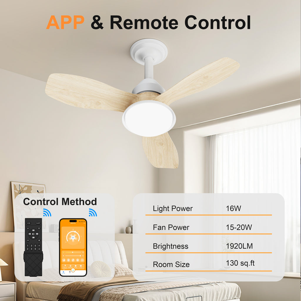 24.4" Low Profile Ceiling Fan with Light, Dimmable LED, 6-Speed & Quiet DC Motor, Remote Control, 3 Blades for Indoor/Outdoor, Wood