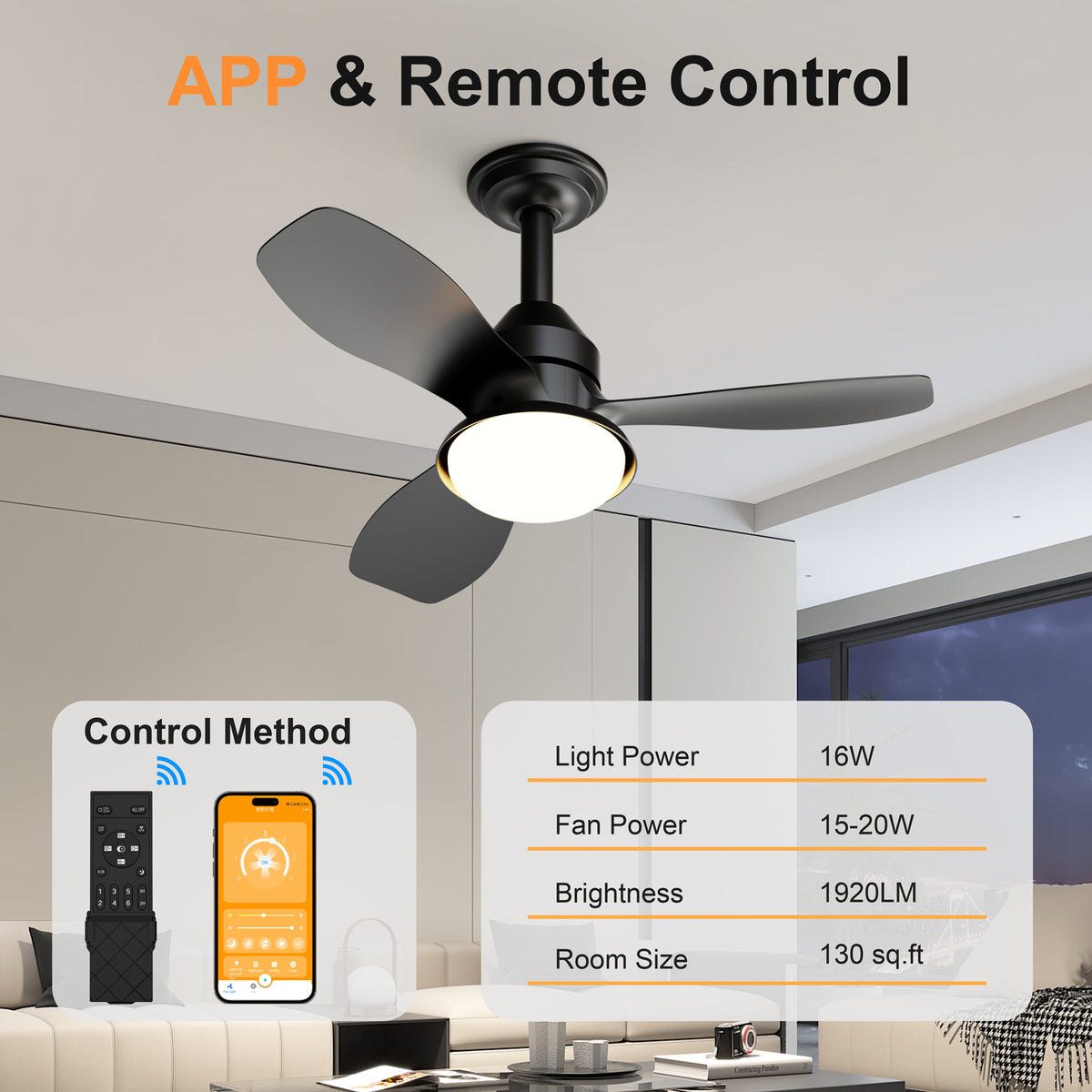 24.4" Low Profile Ceiling Fan with Light, Dimmable LED, 6-Speed & Quiet DC Motor, Remote Control, 3 Blades for Indoor/Outdoor, Black