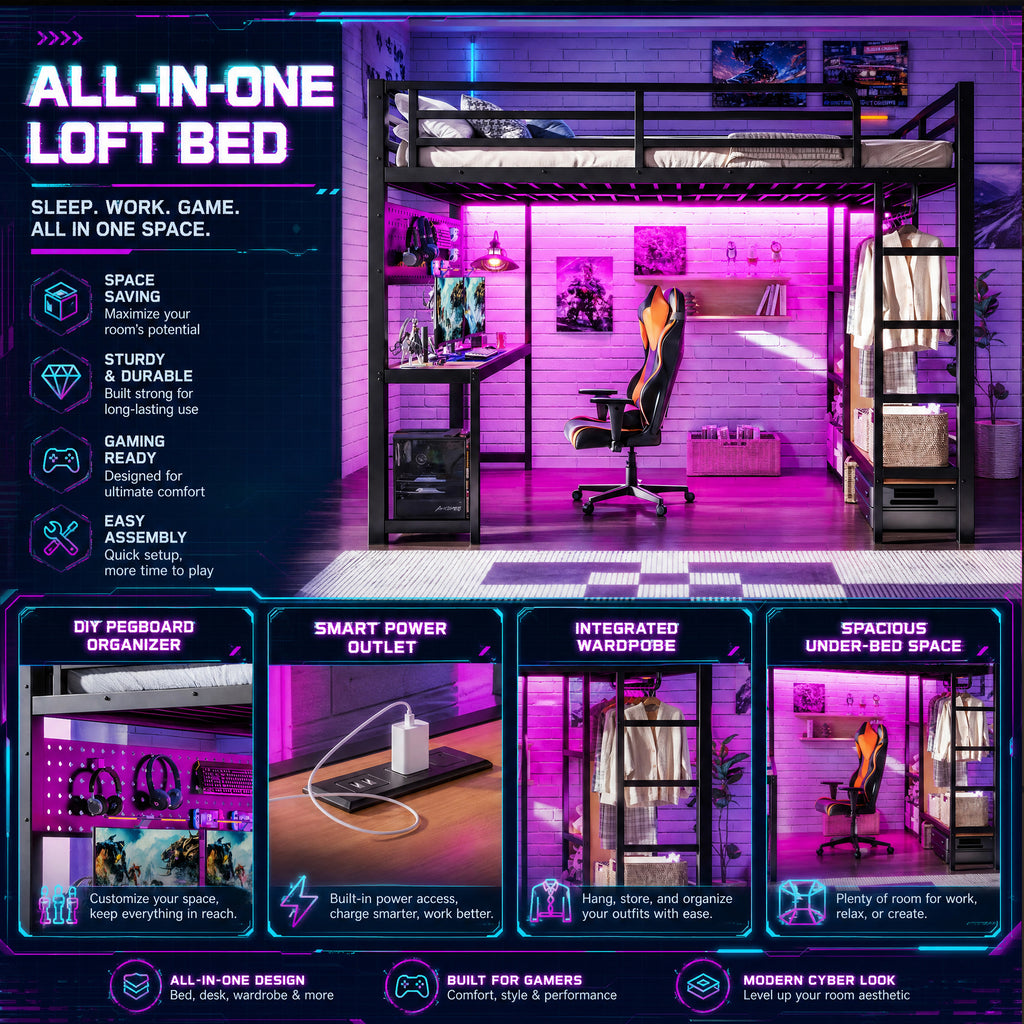 NYBOPAVIS Queen Size Loft Bed with Desk&Charging Station, LED Lights&Clothing Rack, Full Metal Loft Bed with Storage Shelves&Cave Board Design, Black