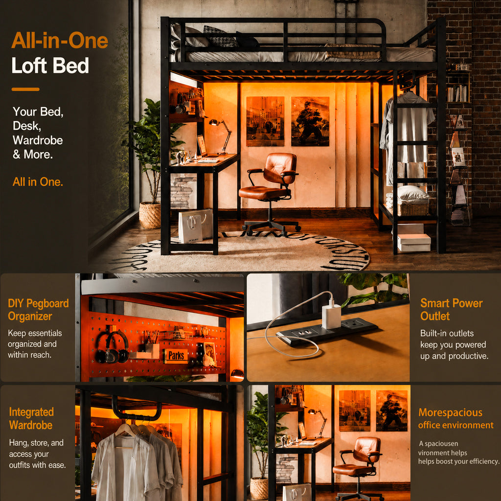 NYBOPAVIS Full Size Loft Bed with Desk&Charging Station, LED Lights&Clothing Rack, Full Metal Loft Bed with Storage Shelves&Cave Board Design, Black