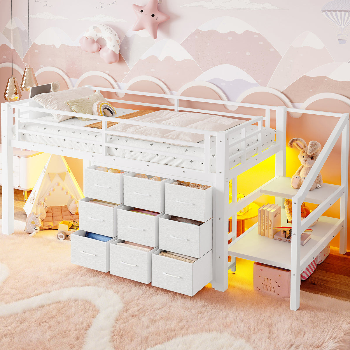 Twin Loft Bed Frame with Convertible Stairs, 9 Drawers & LED Lights, Metal Low Loft Bed with Storage Stairs, White