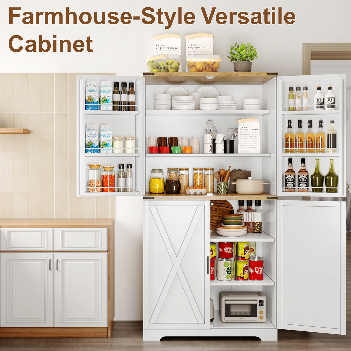 72.8'' Tall Kitchen Pantry Cabinet with 4 Barn Doors,Wood Storage Cabinet with Adjustable Shelves for Dining Room Living Room, White