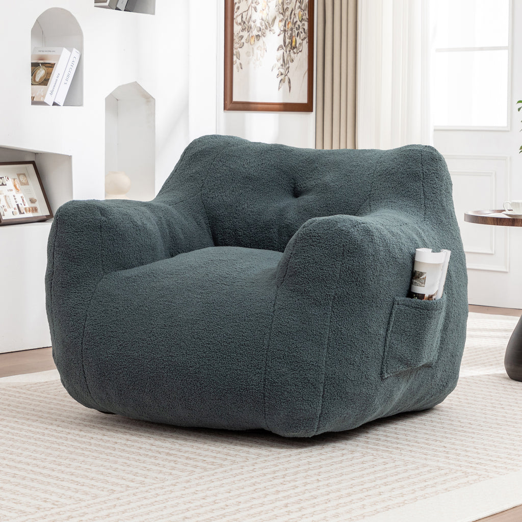 Oversized Bean Bag Chair with Side Pocket, Teddy Comfy Sofa with Arms, Removable Cover Chair for Living Room, Light Green