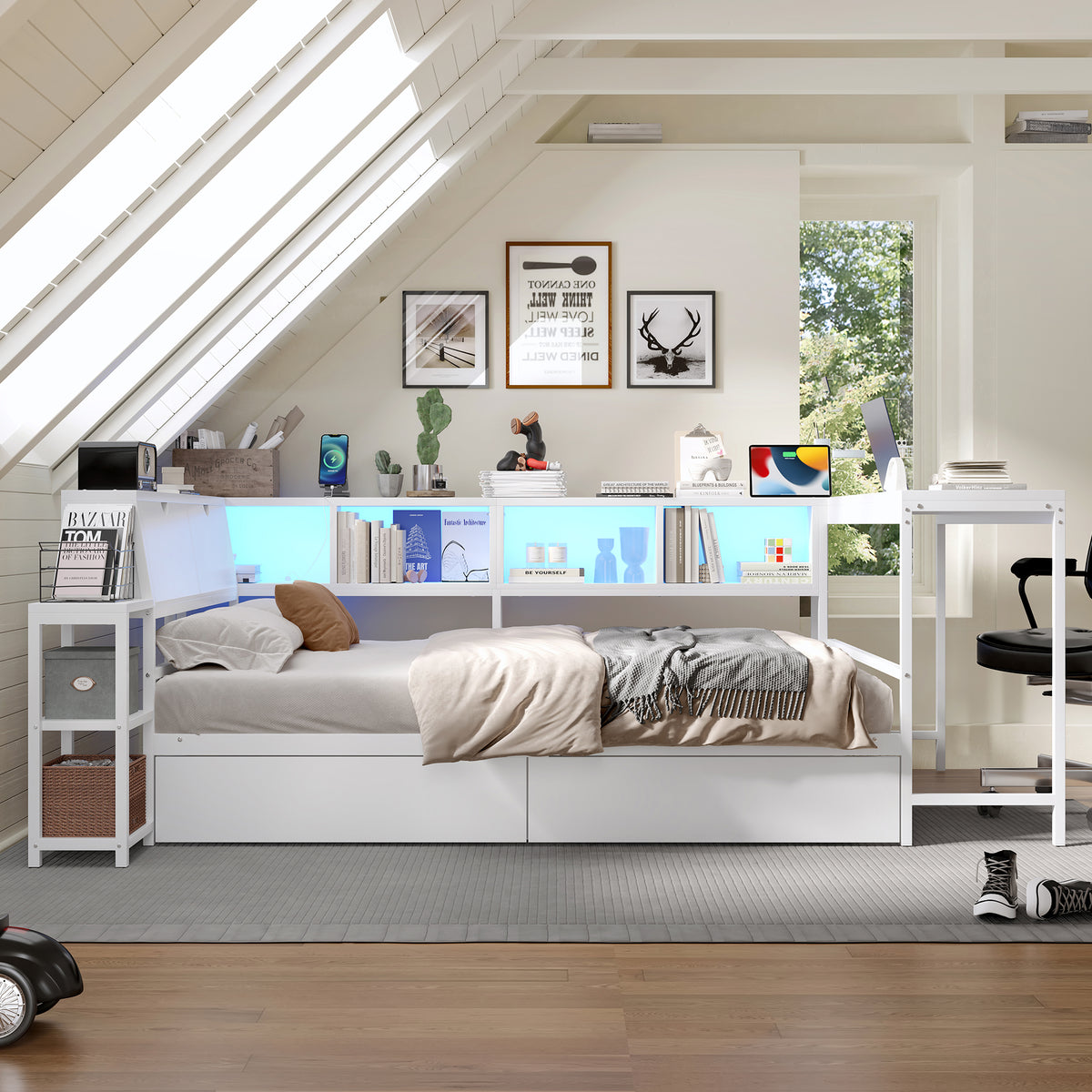 Full Size Corner Bed Frame with Bookcase & 2 Underbed Storage Drawers, Modern Bed with LED Light and Charging Station, Left and Right Interchangeable,White
