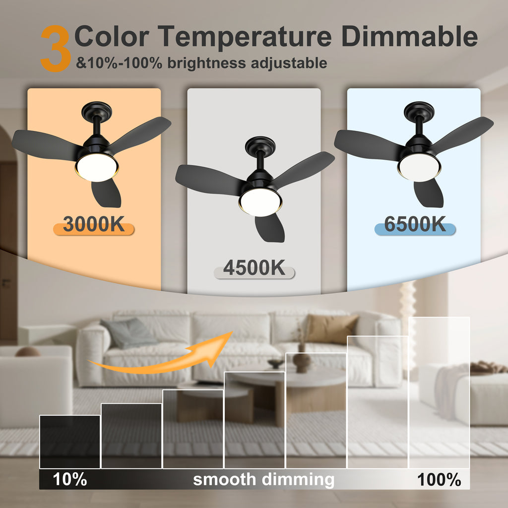 24.4" Low Profile Ceiling Fan with Light, Dimmable LED, 6-Speed & Quiet DC Motor, Remote Control, 3 Blades for Indoor/Outdoor, Black
