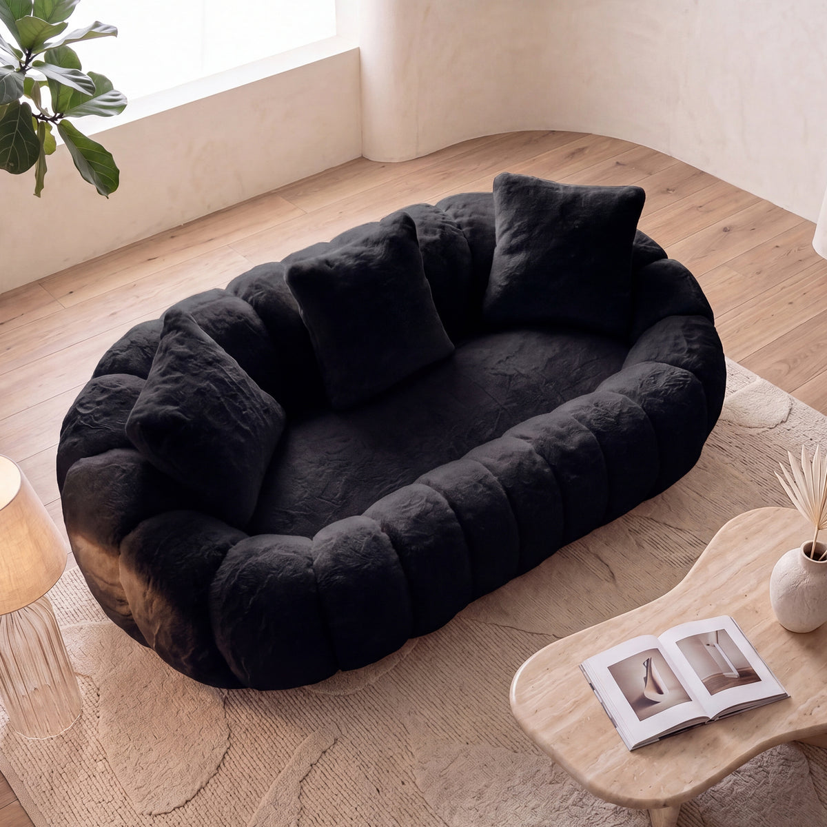 75.5'' Oversized Velvet Upholstered Sofa Bed, Comfy Sleeper Chair Sofa Couch, Floral-shaped Boneless Couch, Chaise Lounge Chair Indoor, Loveseat Cloud Couches for Living Room, Black