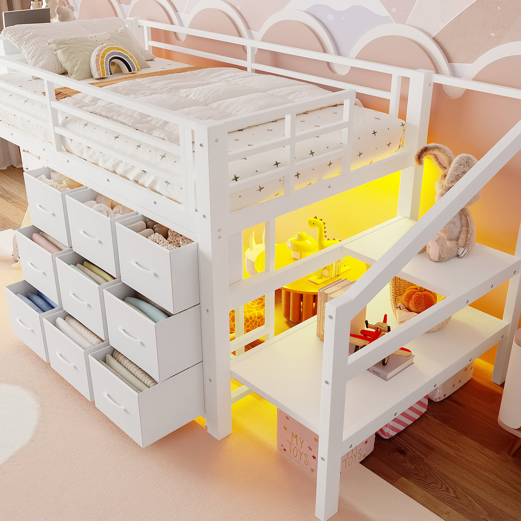 Twin Loft Bed Frame with Convertible Stairs, 9 Drawers & LED Lights, Metal Low Loft Bed with Storage Stairs, White