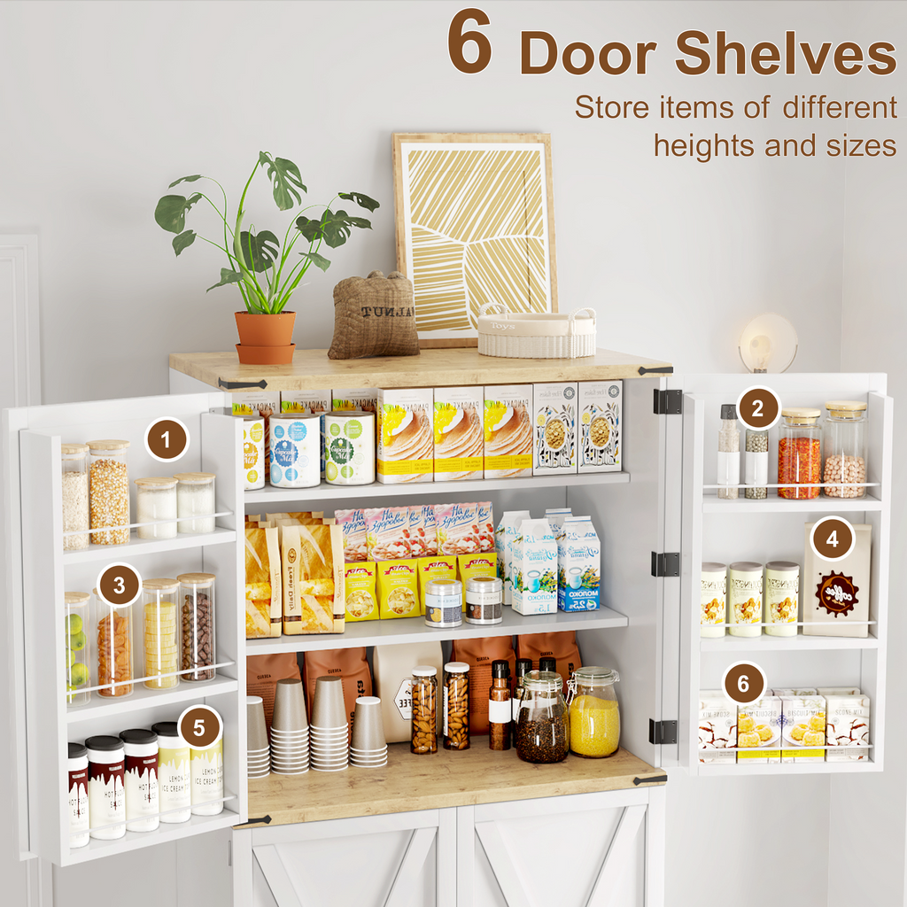 72.8'' Tall Kitchen Pantry Cabinet with 4 Barn Doors,Wood Storage Cabinet with Adjustable Shelves for Dining Room Living Room, White