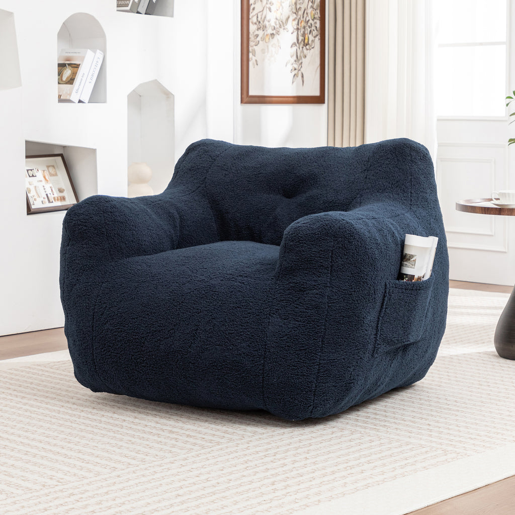Oversized Bean Bag Chair with Side Pocket, Teddy Comfy Sofa with Arms, Removable Cover Chair for Living Room, Dark Blue