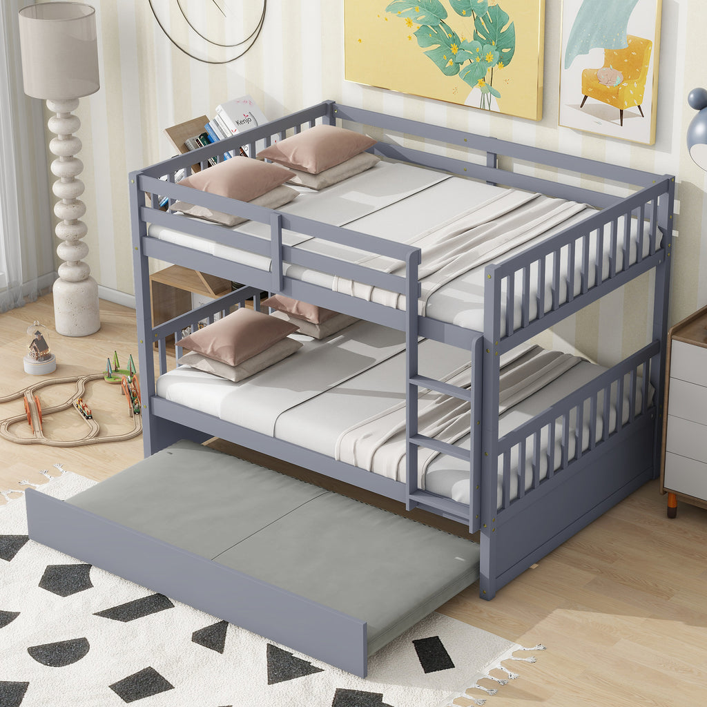 Full Bunk Bed with Pull-Out Trundle, Convertible Bunk Bed to 2 Single Beds, Solid Wood Bed Frame with Ladder & Guardrail, Grey