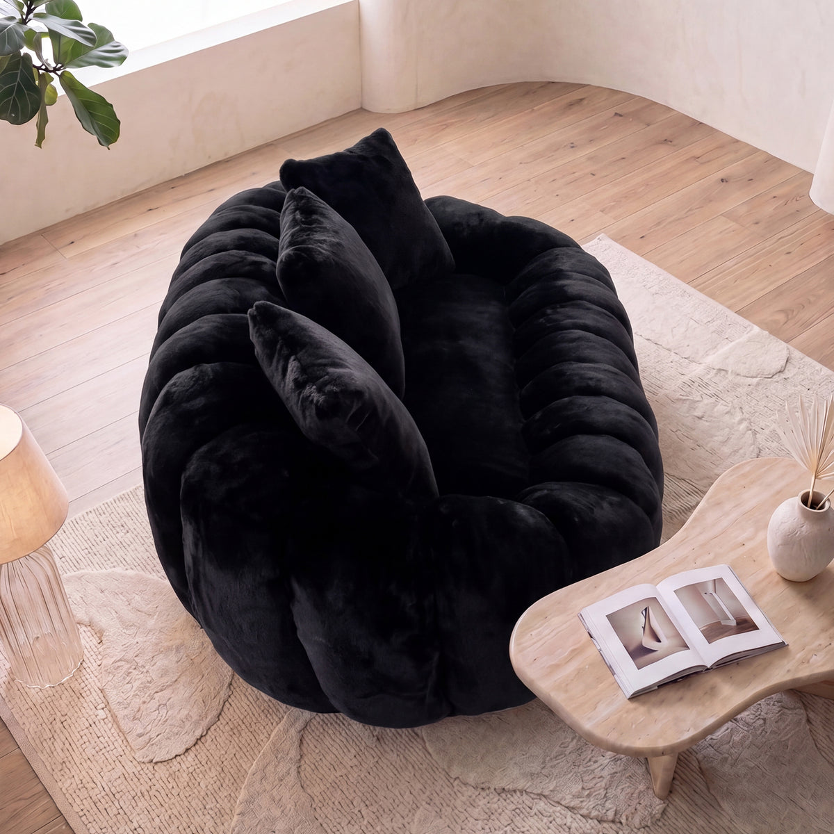 75.5'' Oversized Velvet Upholstered Sofa Bed, Comfy Sleeper Chair Sofa Couch, Floral-shaped Boneless Couch, Chaise Lounge Chair Indoor, Loveseat Cloud Couches for Living Room, Black