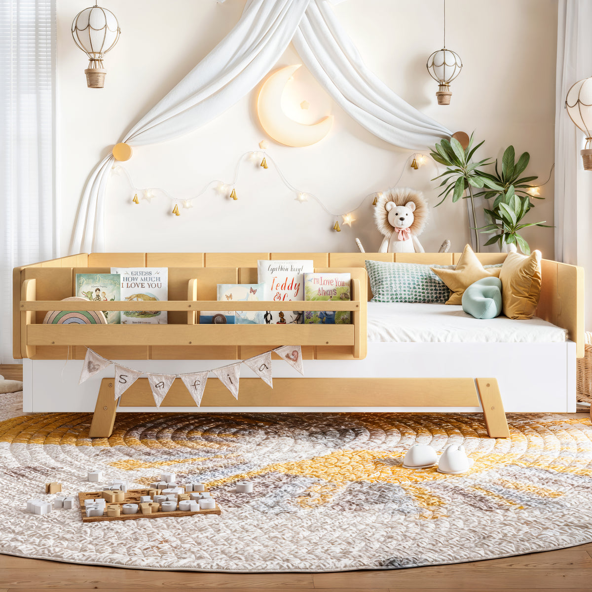 NYBOPAVIS Twin Size Floor Bed with Slats and Safety Guardrail, Montessori Floor Bed with Fence and Door, Easy Assemble Montessori Beds, White & Natural