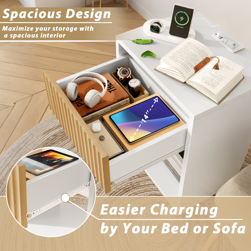 Wood Nightstand Set of 2 with Charging Station & LED Lights,Modern Wood Bedside End Table for Bedroom Living Room Dorm Office, White