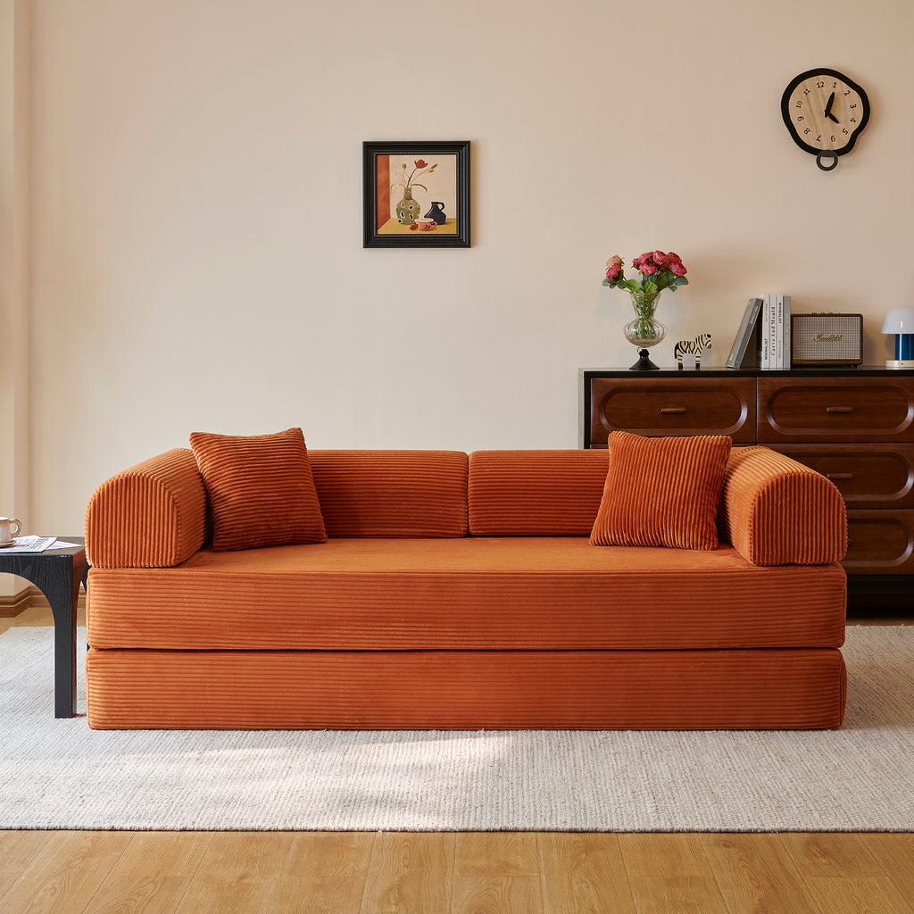 Compressed Convertible Floor Sofa Bed, Boneless Modular Sectional Futon Couch with Pillow Back & Armrest, Corduroy Fabric Loveseat for Living Room Bedroom, Tangerine