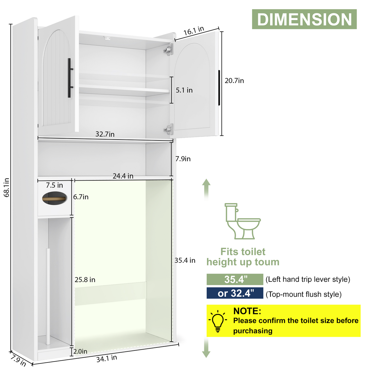 NYBOPAVIS Over The Toilet Storage Shelf with Adjustable Shelf & Toilet Paper Holder,3-Tier Freestanding Over Toilet Storage Rack，White