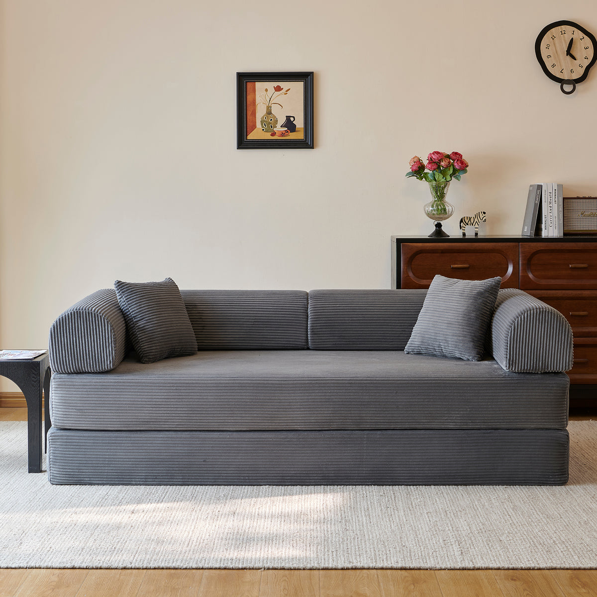Compressed Convertible Floor Sofa Bed, Boneless Modular Sectional Futon Couch with Pillow Back & Armrest, Corduroy Fabric Loveseat for Living Room Bedroom, Grey