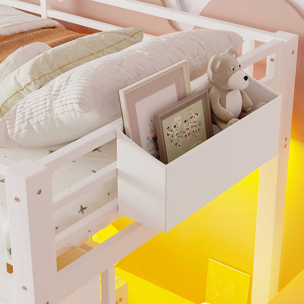 Twin Loft Bed Frame with Convertible Stairs, 9 Drawers & LED Lights, Metal Low Loft Bed with Storage Stairs, White