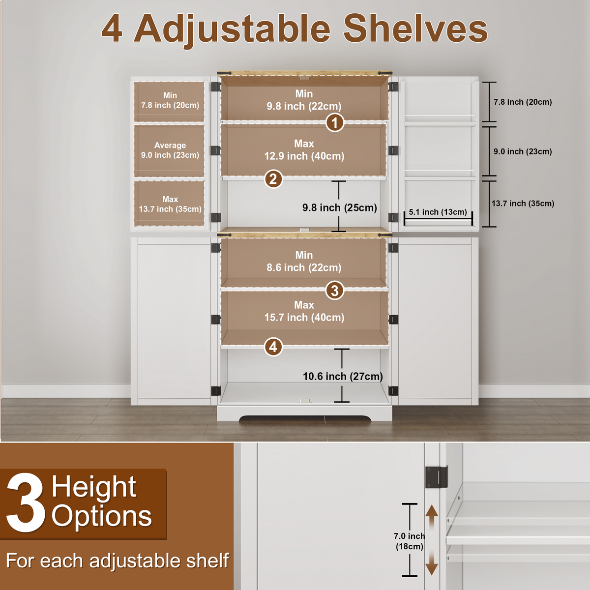 72.8'' Tall Kitchen Pantry Cabinet with 4 Barn Doors,Wood Storage Cabinet with Adjustable Shelves for Dining Room Living Room, White