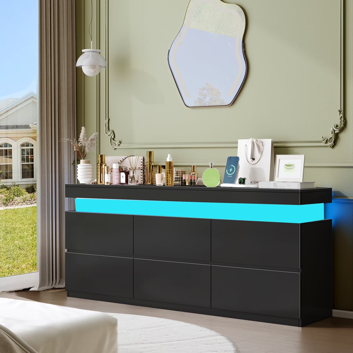 NYBOPAVIS 6 Drawer Dresser for Bedroom, Chest of Drawers with LED Light, TV Stand with Drawers Black