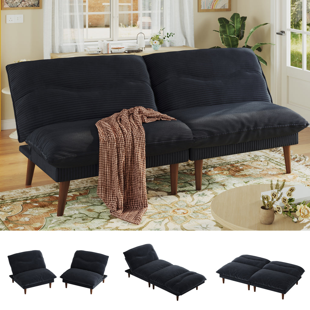 NYBOPAVIS 75" Futon, Twin Size Convertible Sleeper Sofa Bed, Corduroy Loveseat Sofa Couch for Apartment Small Space Black