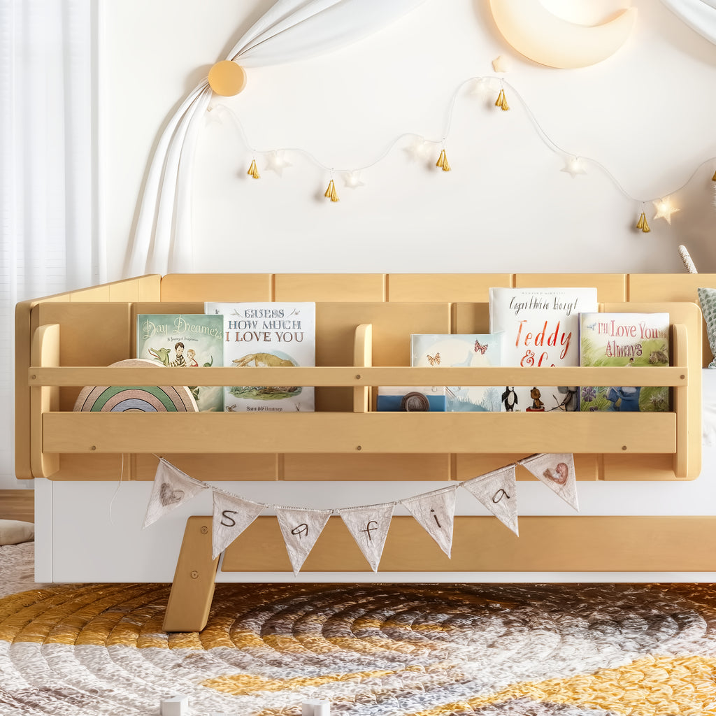 NYBOPAVIS Twin Size Floor Bed with Slats and Safety Guardrail, Montessori Floor Bed with Fence and Door, Easy Assemble Montessori Beds, White & Natural