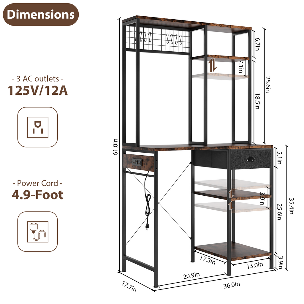 3 Tire Large Bakers Rack with Power Outlets & Adjustable Shelves, Large Coffee Bar Station with 8 Hooks,Kitchen Shelf Rack for Spices, Pots (Rustic Brown)