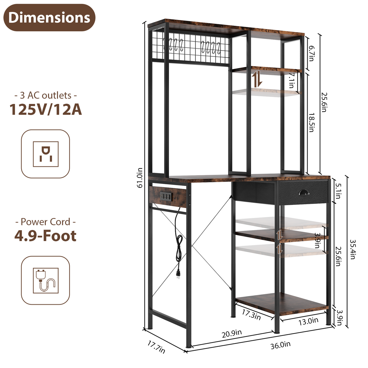 3 Tire Large Bakers Rack with Power Outlets & Adjustable Shelves, Large Coffee Bar Station with 8 Hooks,Kitchen Shelf Rack for Spices, Pots (Rustic Brown)
