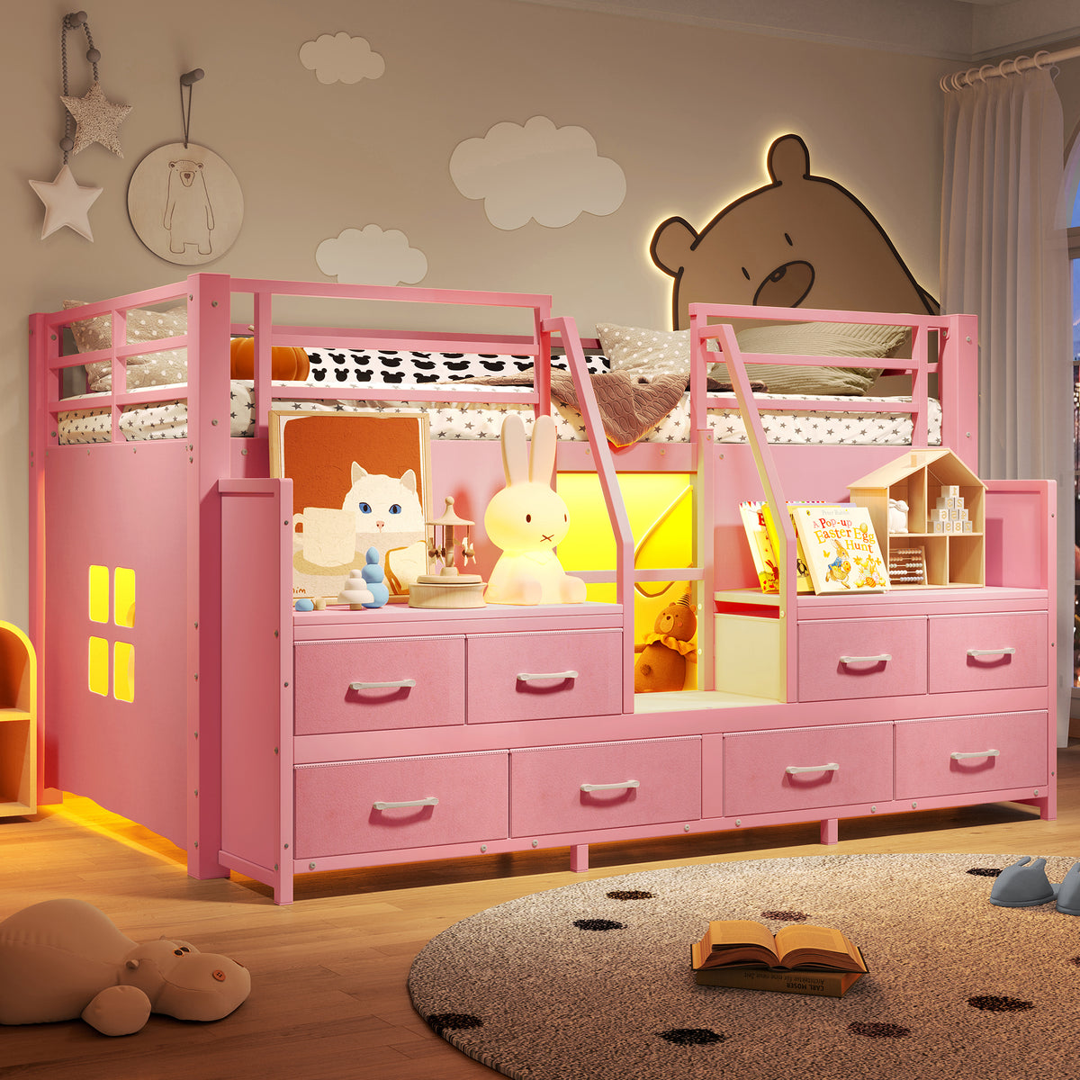 NYBOPAVIS Twin Metal Loft Bed Frame with 8 Drawers & LED Light, Independent Spaces under Bed with Stairs, Pink