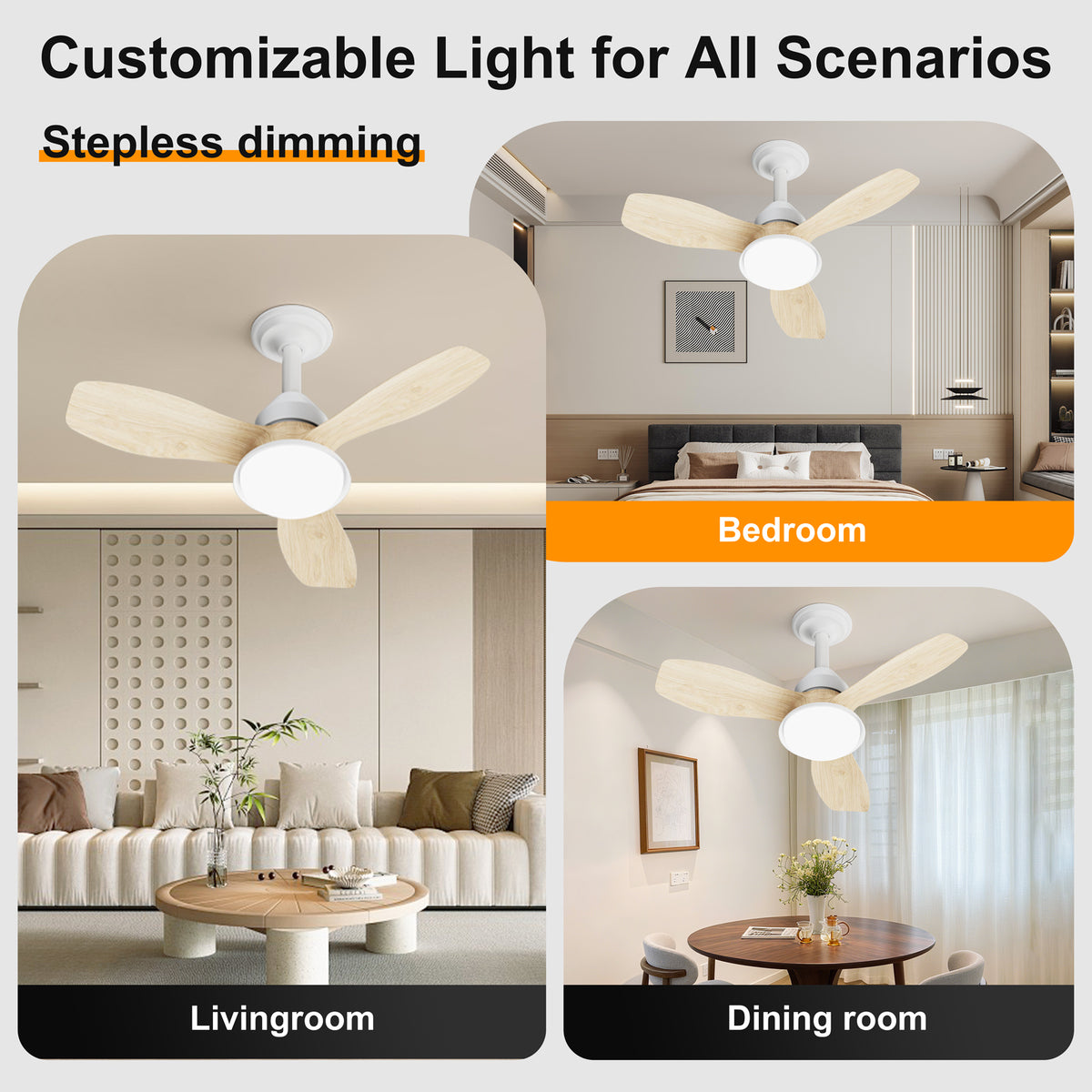 24.4" Low Profile Ceiling Fan with Light, Dimmable LED, 6-Speed & Quiet DC Motor, Remote Control, 3 Blades for Indoor/Outdoor, Wood