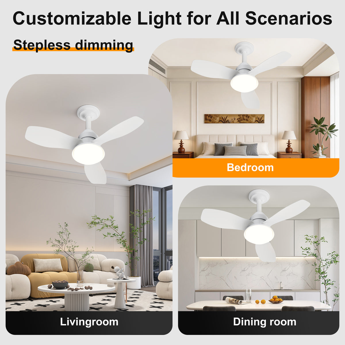 24.4" Low Profile Ceiling Fan with Light, Dimmable LED, 6-Speed & Quiet DC Motor, Remote Control, 3 Blades for Indoor/Outdoor, White