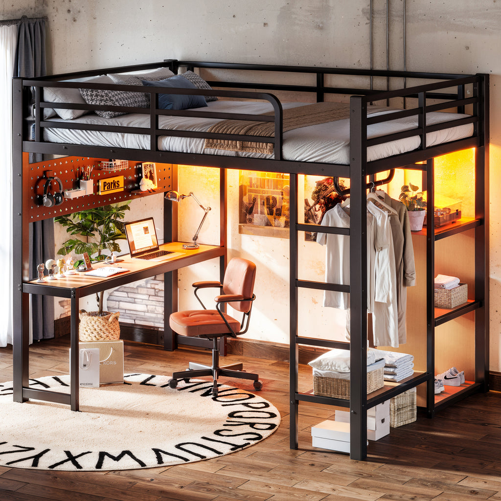 NYBOPAVIS Full Size Loft Bed with Desk&Charging Station, LED Lights&Clothing Rack, Full Metal Loft Bed with Storage Shelves&Cave Board Design, Black