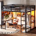 NYBOPAVIS Full Size Loft Bed with Desk&Charging Station, LED Lights&Clothing Rack, Full Metal Loft Bed with Storage Shelves&Cave Board Design, Black
