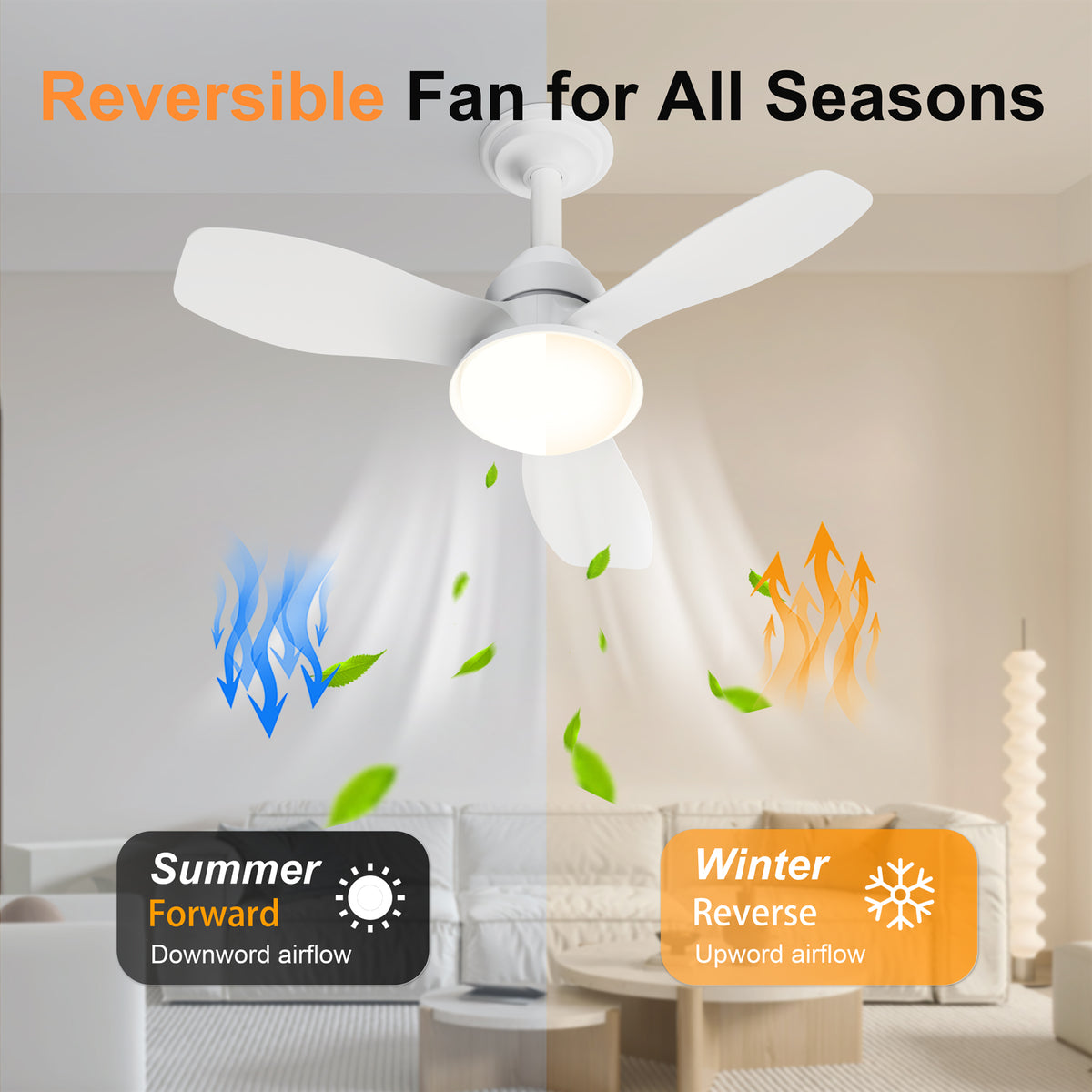 24.4" Low Profile Ceiling Fan with Light, Dimmable LED, 6-Speed & Quiet DC Motor, Remote Control, 3 Blades for Indoor/Outdoor, White