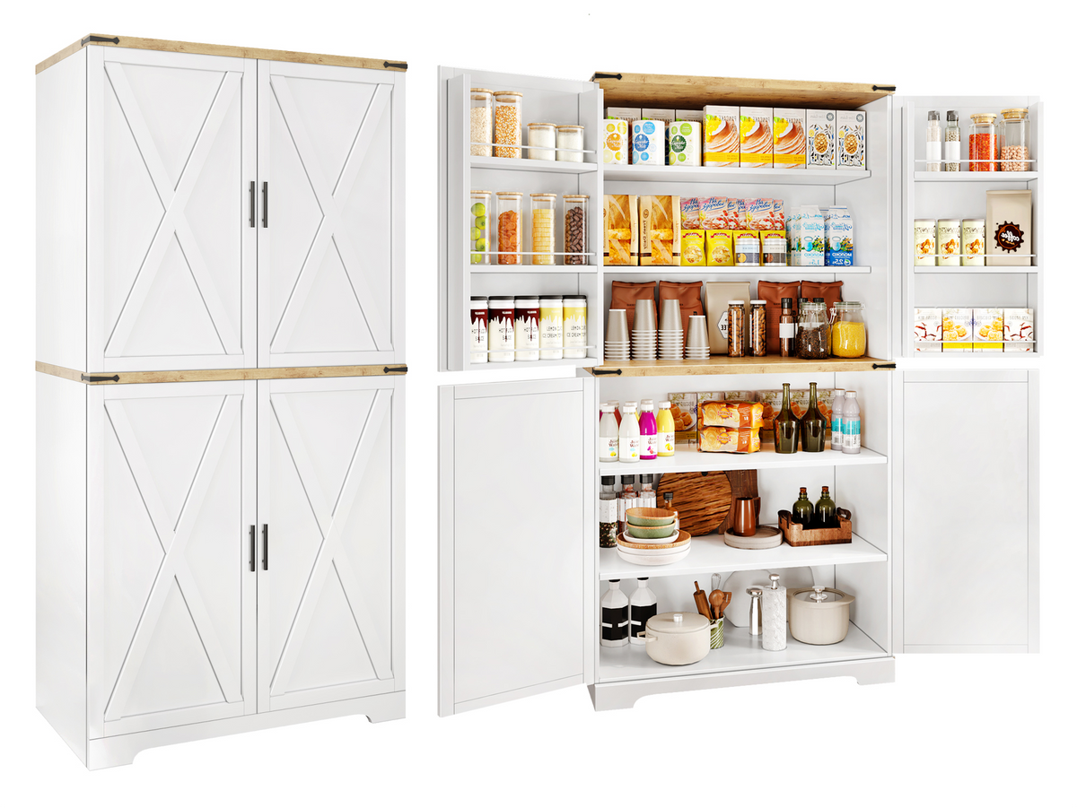 72.8'' Tall Kitchen Pantry Cabinet with 4 Barn Doors,Wood Storage Cabinet with Adjustable Shelves for Dining Room Living Room, White