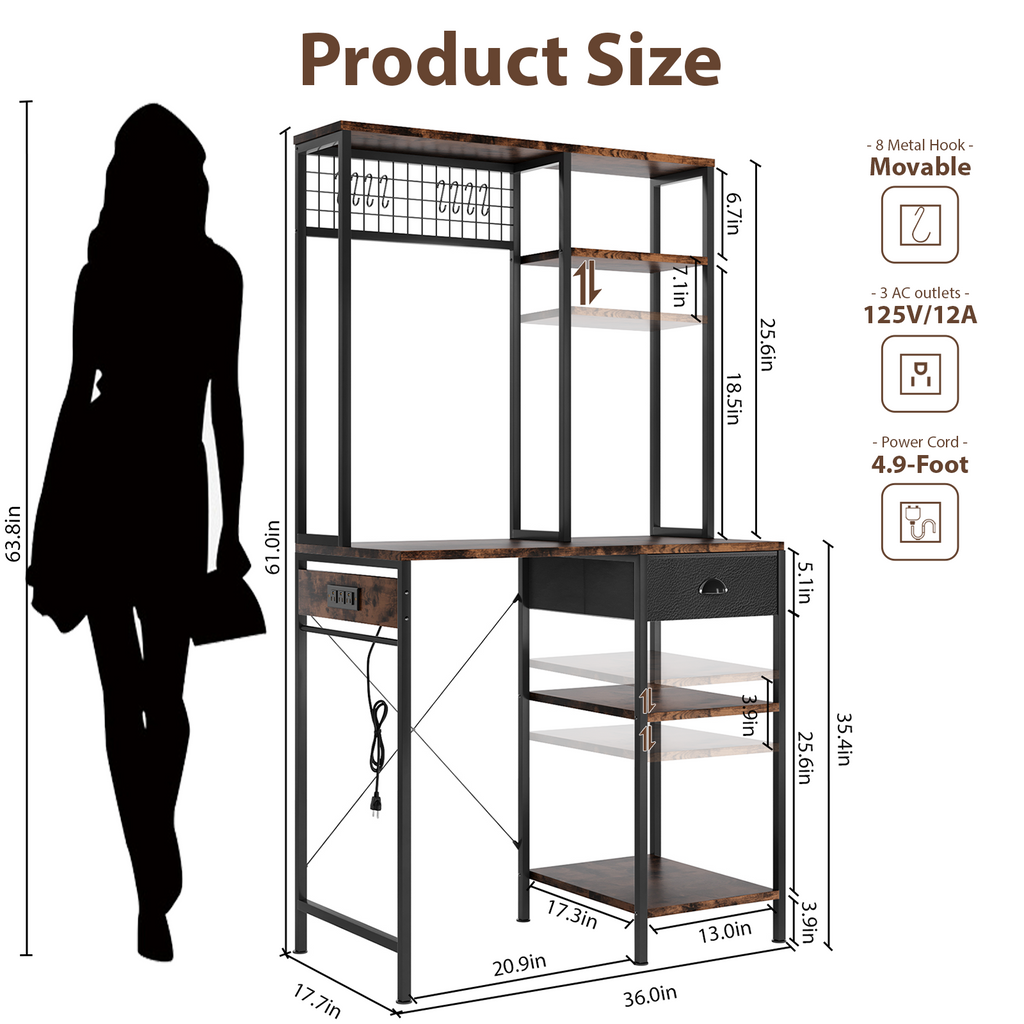 3 Tire Large Bakers Rack with Power Outlets & Adjustable Shelves, Large Coffee Bar Station with 8 Hooks,Kitchen Shelf Rack for Spices, Pots (Rustic Brown)