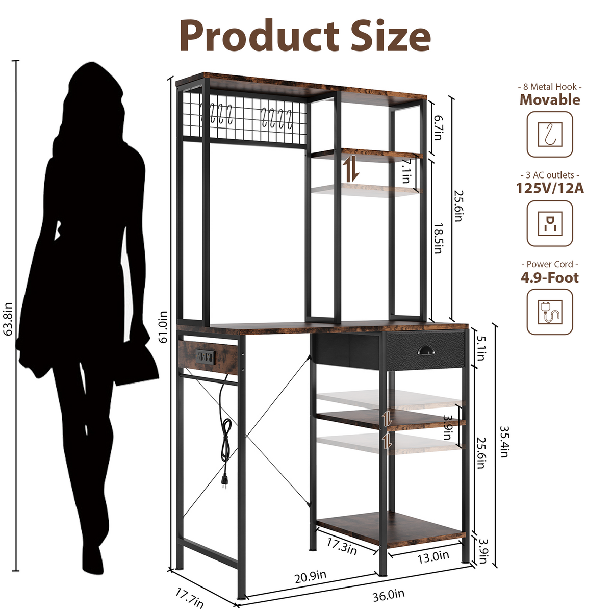 3 Tire Large Bakers Rack with Power Outlets & Adjustable Shelves, Large Coffee Bar Station with 8 Hooks,Kitchen Shelf Rack for Spices, Pots (Rustic Brown)